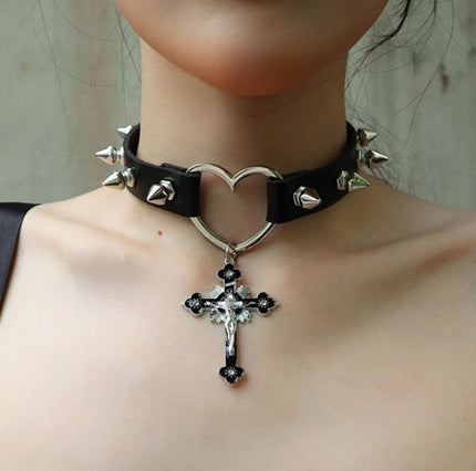 Rivet Leather Punk Thorn Cross Collar