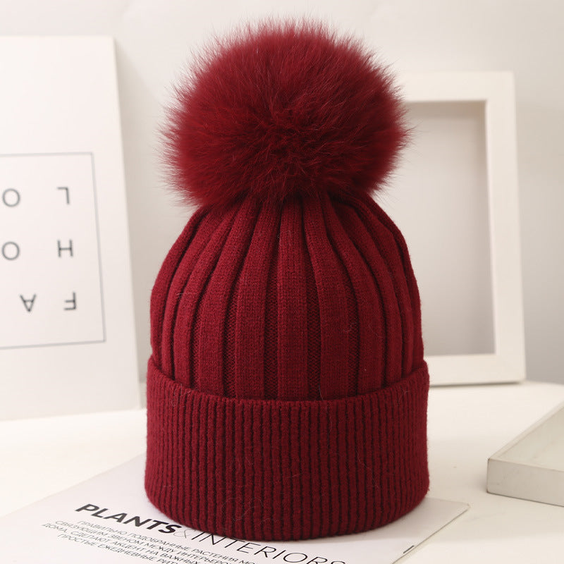 Boys And Girls Woolen Fox Fur Ball Knit Hat