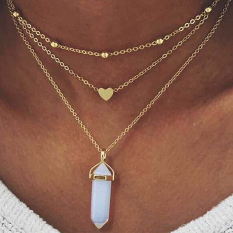 Fashion Copper Peach Heart Crystal Pendant Multi-layer Necklace