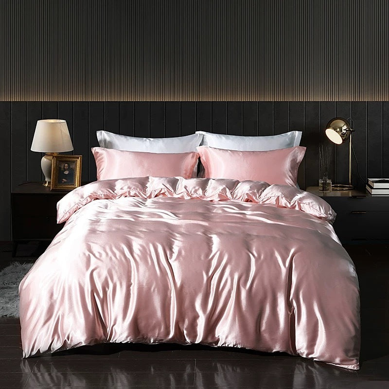Solid Color Silk Four-piece Set Double-sided Quilt Cover Bedding