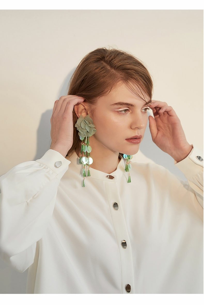Women's Exaggerated Flower Tassel Earrings Long Sequins