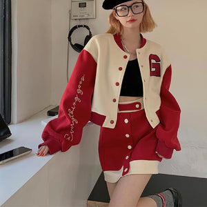 College Style Suit Coat Red Skirt Two-piece Set