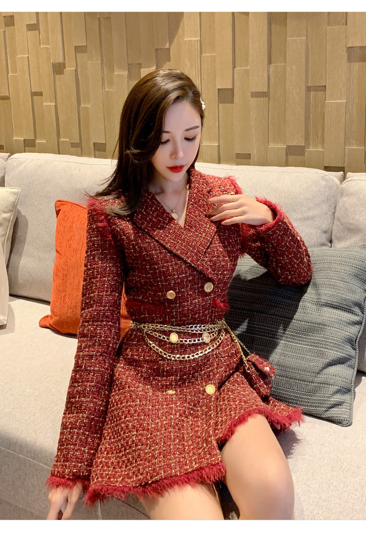 New Gold thread Plaid Suit Coat Women Notched Double breasted Feather Tassel Trim Slim Tweed Jacket With Free Belt bag