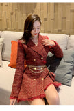 New Gold thread Plaid Suit Coat Women Notched Double breasted Feather Tassel Trim Slim Tweed Jacket With Free Belt bag