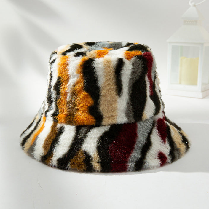 Plush Gradient Zebra Pattern Fashionable And Versatile Retro Trend Warm Basin Hat