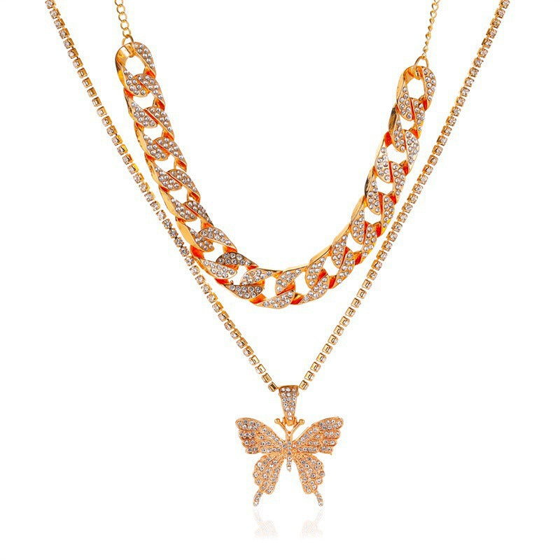 Alpcamers Double Layer Cuban Necklace Full Of Diamonds With Large Butterflies
