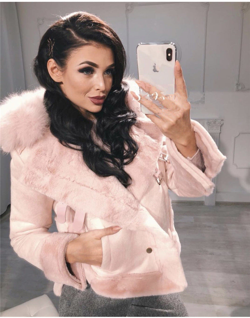 Deerskin fur collar faux fur coat