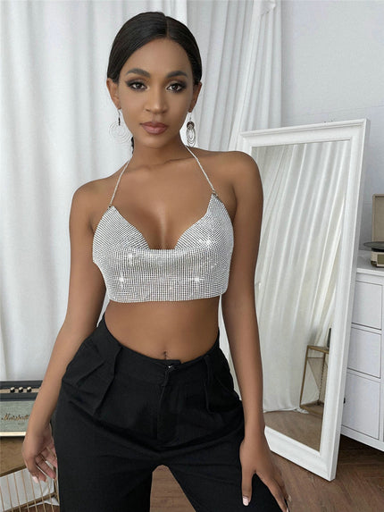 Women's Fashion Metal Super Flash Rhinestone Chain Halter Tube Top Sling