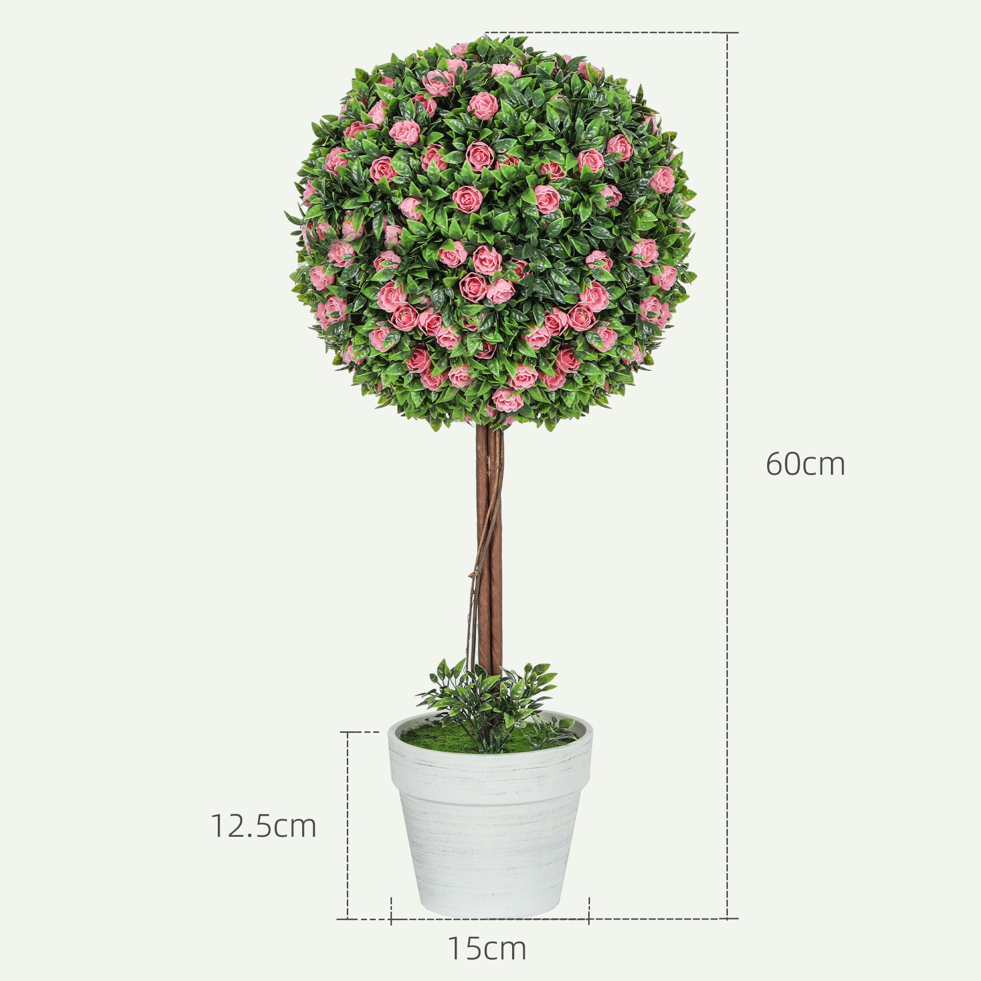 Set Of 2 Decorative Artificial Plants, Ball Topiary Tree With Rose Flower In Pot, Fake Plants For Home Indoor Outdoor Decor, 60cm, Pink