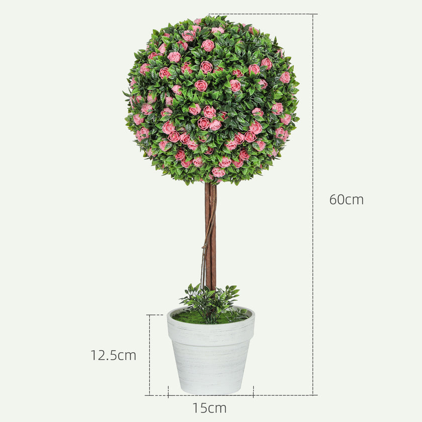 Set Of 2 Decorative Artificial Plants, Ball Topiary Tree With Rose Flower In Pot, Fake Plants For Home Indoor Outdoor Decor, 60cm, Pink