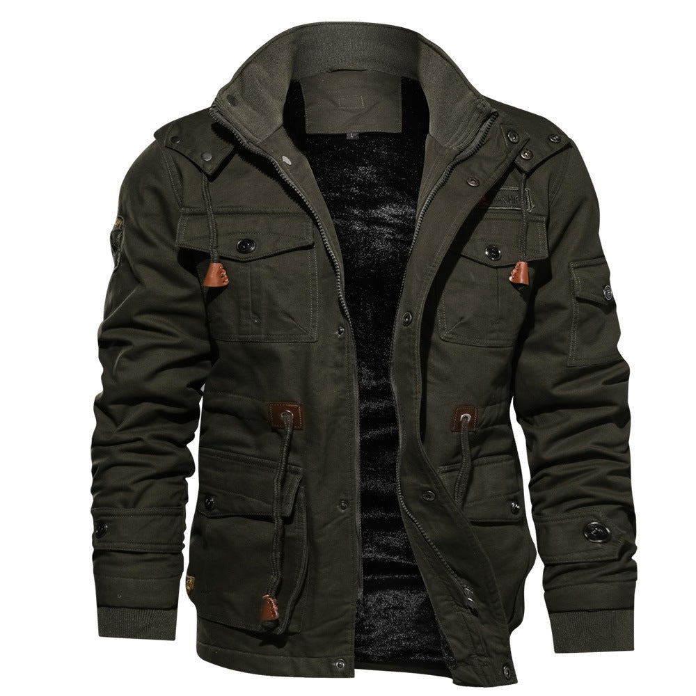 Winter Zip-up Coat Warm Thickened Detachable Hooded Jacket Multi-pocket  Button Drawstring Long Sleeve Tops Men's Cargo Clothing
