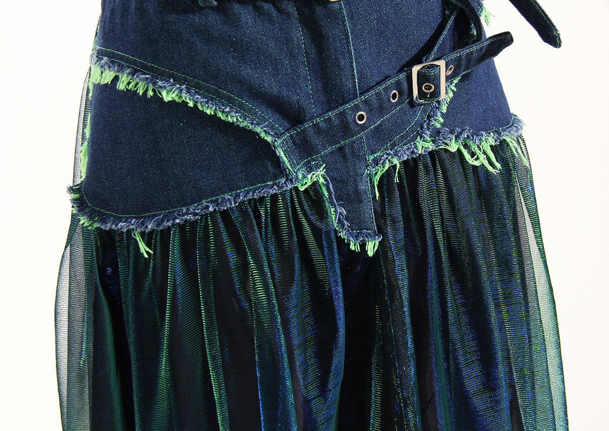 Denim Stitching Colorful Mesh Skirt Contrast Color High Waist Slimming Midi A- Line