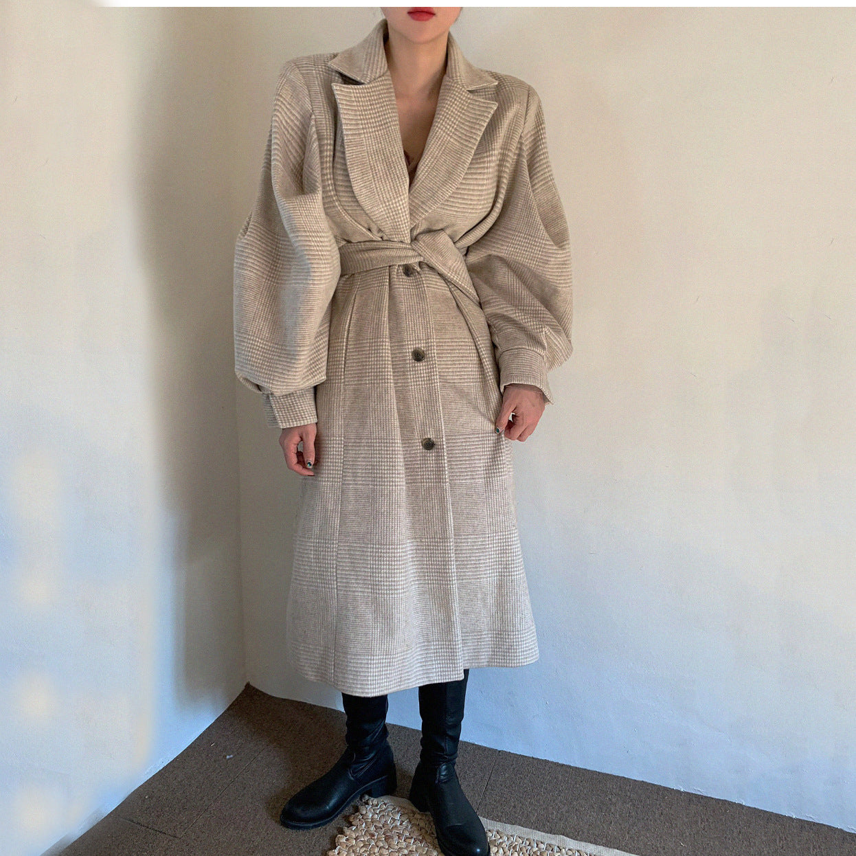 Check woolen coat