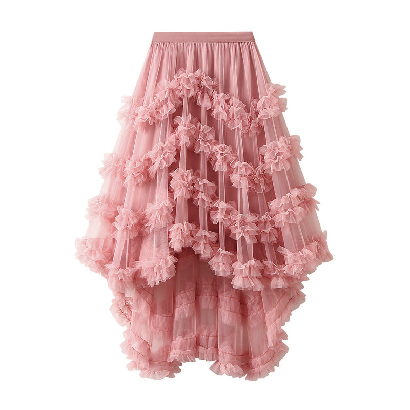 Elastic Waist Fairy Mesh Skirt Puffy Irregular Ruffled Tiered Dress