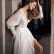 Long Puff Sleeve Tulle Wedding Dress With Side Slit A-Line Floor-length Lace Bridal Gown