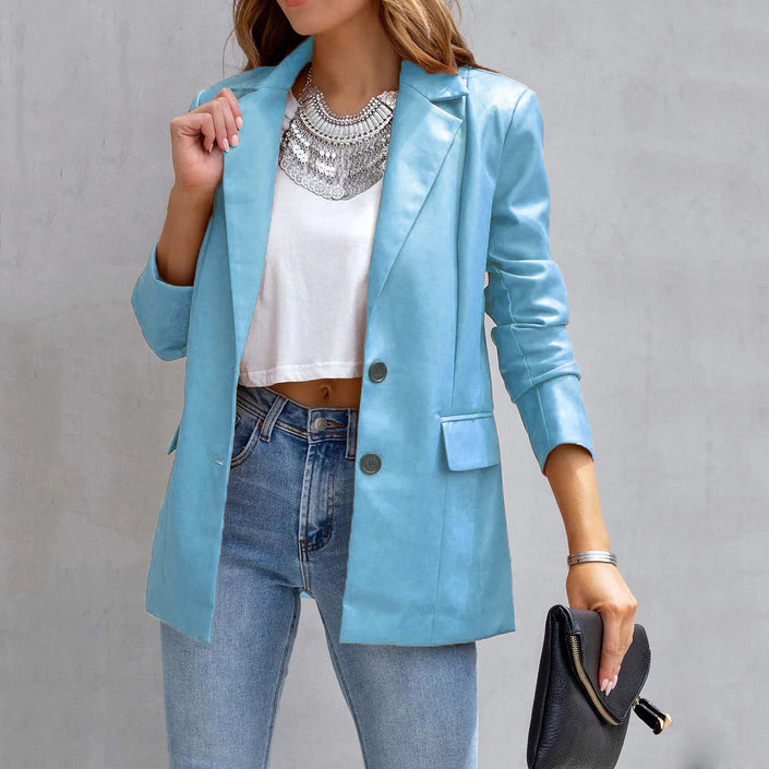 Long Sleeve Button Pu Cardigan Coat For Women