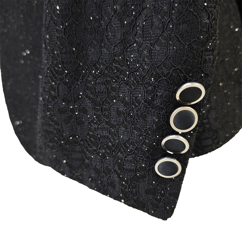 Shiny Black Men's Suit Set 3 Pieces Groomsmen Wedding Lace Costumes