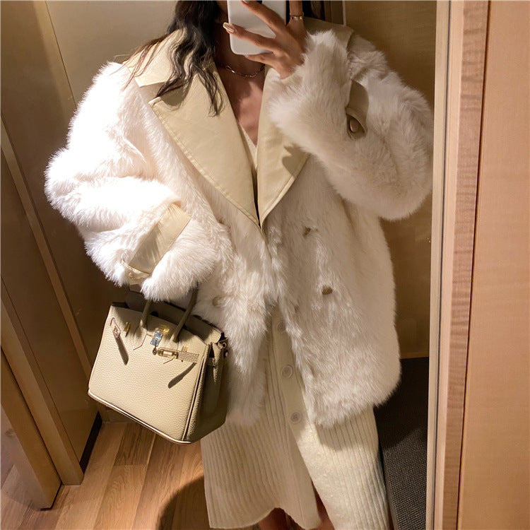 Gentle stitching leather for thin fur coat women