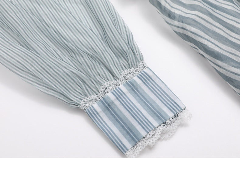 Short Shirt Women Spring Green Striped See-through Organza Turtleneck Patchwork Sexy Top