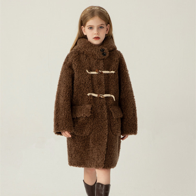 Girls' Simple Solid Color Tiglado Wool Coat