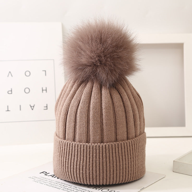 Boys And Girls Woolen Fox Fur Ball Knit Hat