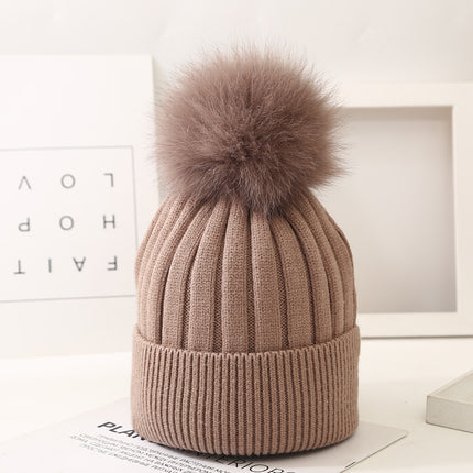Boys And Girls Woolen Fox Fur Ball Knit Hat