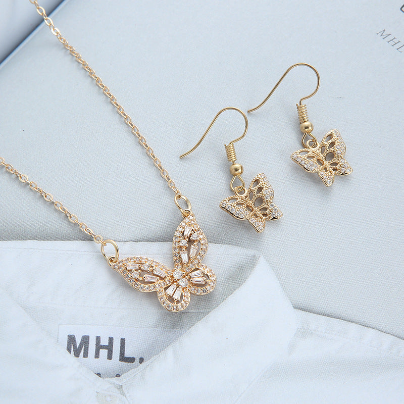 Entry Lux Copper Jewelry Micro Inlaid Zircon Butterfly Earrings Necklace Dress Accessories