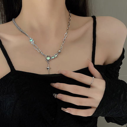 Asterism Moonstone Stitching Cross Clavicle Chain