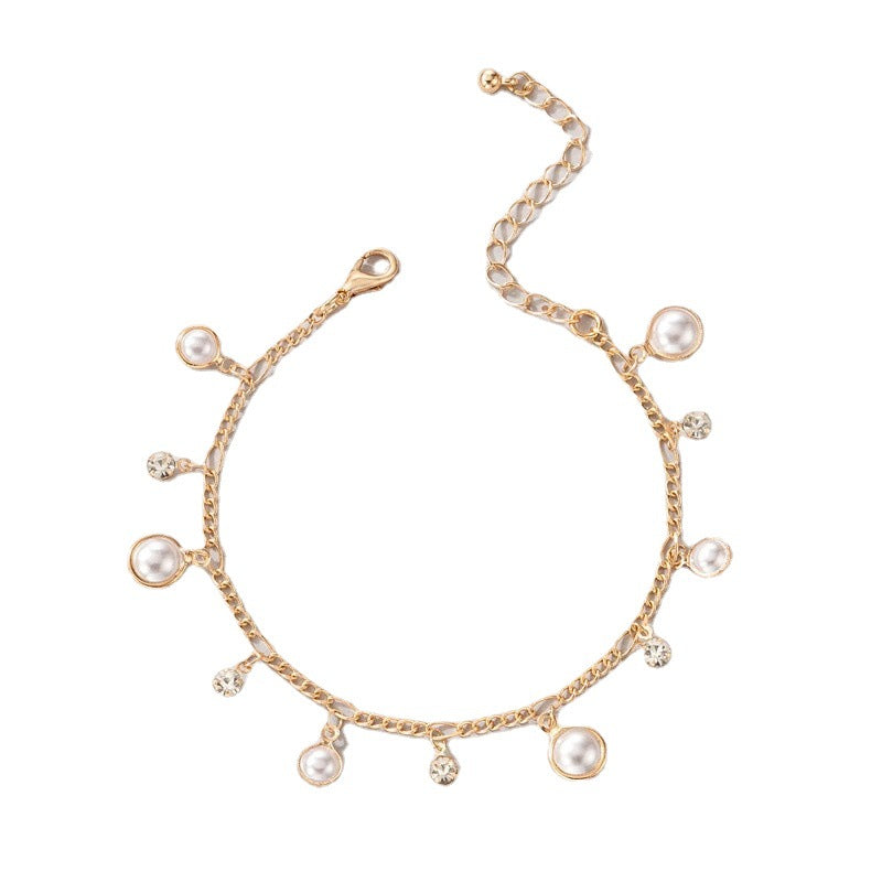 Shiny Zircon Tassel Pearl Anklet European And American Simple Beach Foot Ornaments