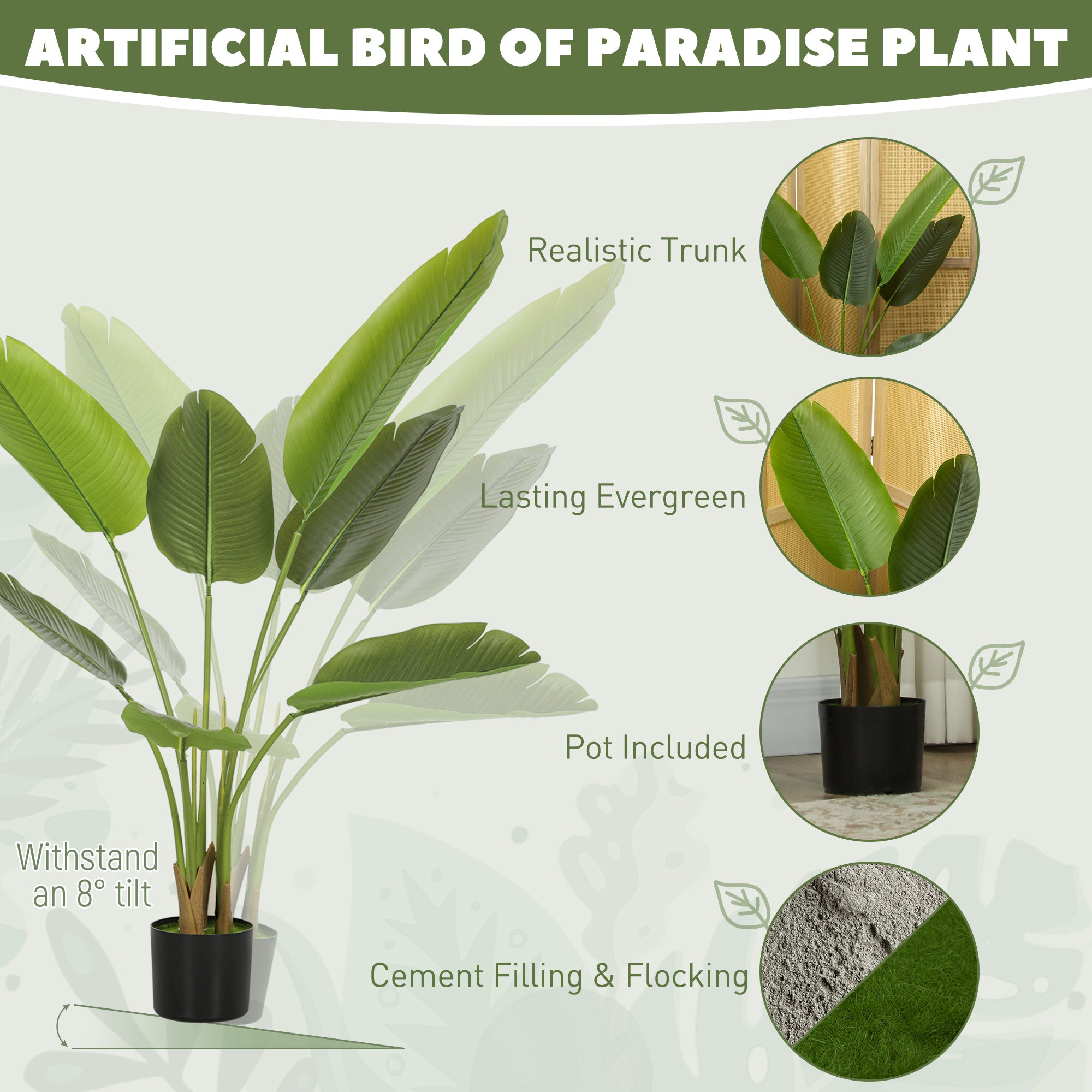 109cm Artificial Bird Of Paradise Plant, Faux Banana Leaf Tree With PEVA Leaves And Flocking, Decorative Palm Tree In Pot For Home Office Decor, Green