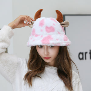 Cow Pattern Fisherman Hat With Cute Horn Winter Fashion Thickened Warm Plush Hat For Women