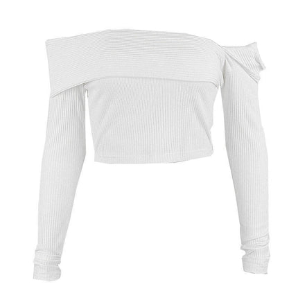 Slotted Collar Splice Super Short Long Sleeve Top Women's Wear