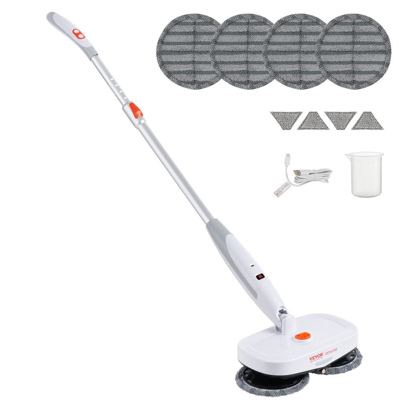 VEVOR Cordless Electric Mop, Electric Spin Mop With Water Tank, Up To 40 Mins Battery, LED Headlight, Dual Mop Heads, 4 Microfiber Pads  4 Trapezoid Microfiber Pads, For Hardwood Tile Floor Cleaning