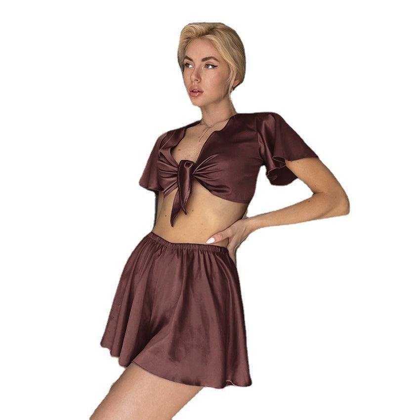 Alpscommerce Ice Silk Pajamas Women's sports dress Short-sleeved Top Pajama Pants Suit