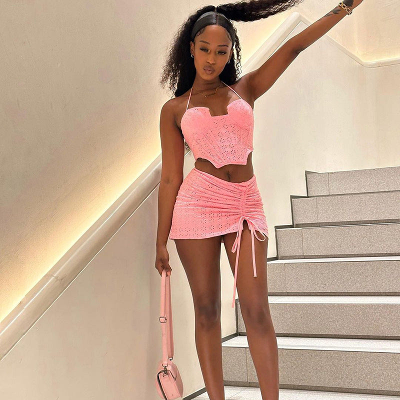 High Waisted Drawstring Pleated Skirt Two-piece Set