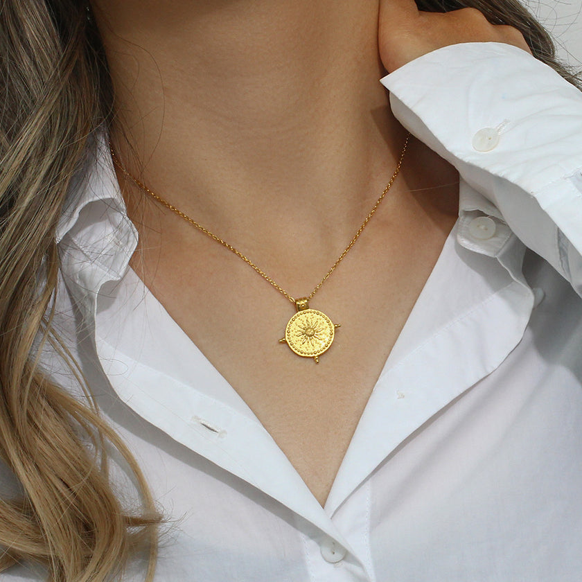 Stainless Steel Plated 18K Gold Vintage Sun Compass Pendant Necklace