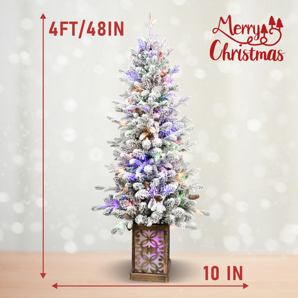 4ft Pre-lit Potted Porch Christmas Tree Small Slim Christmas Tree With Multicolor Lights Twinkle Potted Xmas Tree With Mixed PE, Metal Glint Basin, 8 Color Mode For Entrance, Yard,Pathway Decor