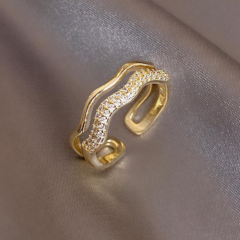 French Style Micro Inlaid Zircon Wave Twisted Ring For Women