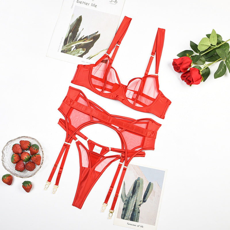 Sheer Mesh Women's Underwear Push Up Three-piece Set With Steel Ring