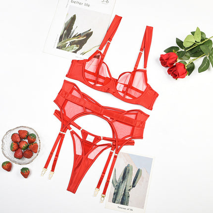 Sheer Mesh Women's Underwear Push Up Three-piece Set With Steel Ring