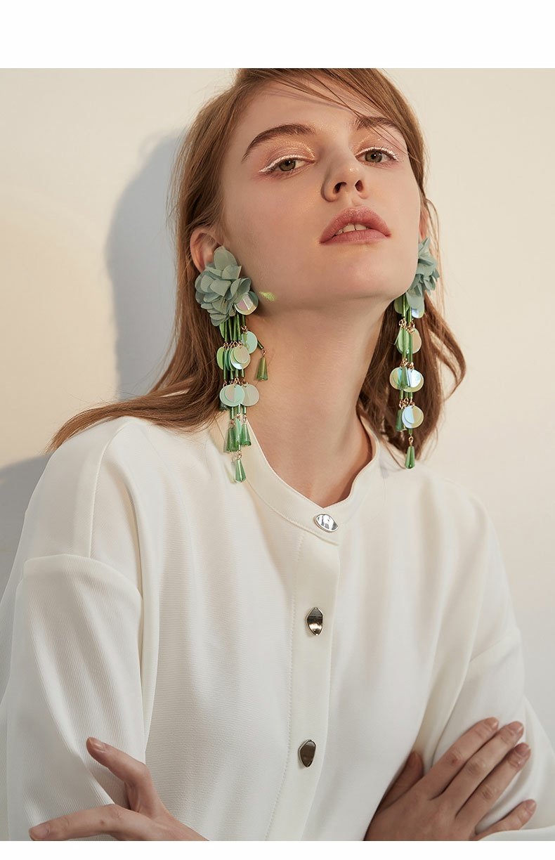 Women's Exaggerated Flower Tassel Earrings Long Sequins
