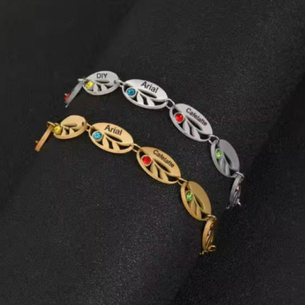 Stainless Steel Hollow Oval Leaf Engraved With Birthstone Bracelet