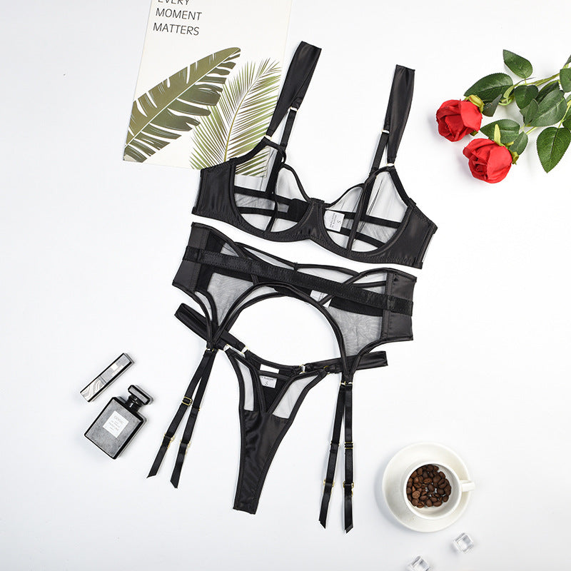 Sheer Mesh Women's Underwear Push Up Three-piece Set With Steel Ring