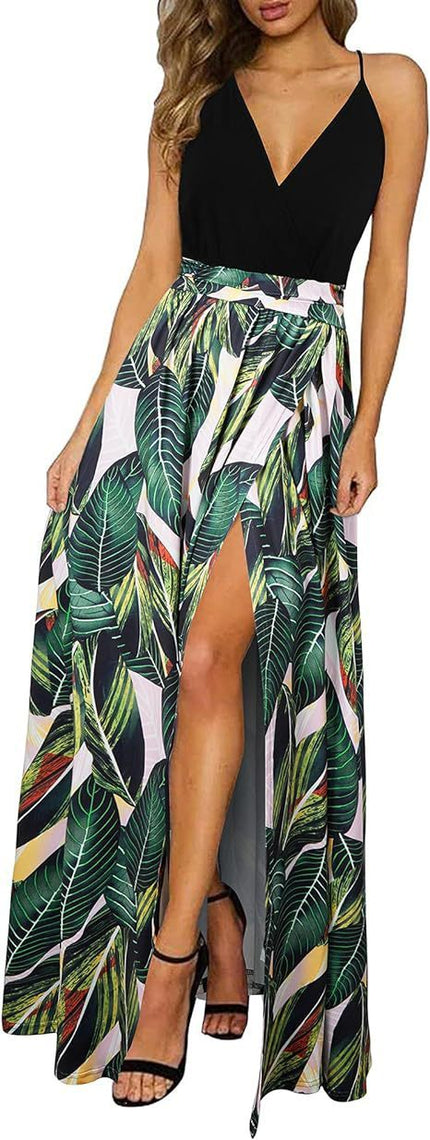 V-neck Wrap Spaghetti Strap Summer Casual Beach Floral Leopard Print Dress