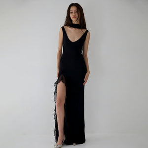 Ribbon Women Backless High Slit Dress