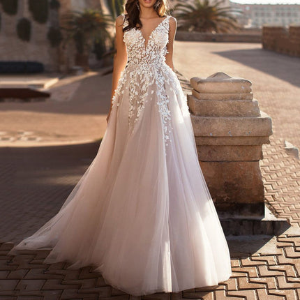 wedding party Lace Dress Sleeveless Deep V-neck Wedding Dress Embroidery