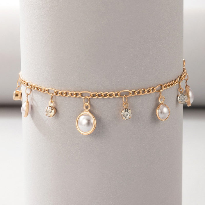 Shiny Zircon Tassel Pearl Anklet European And American Simple Beach Foot Ornaments