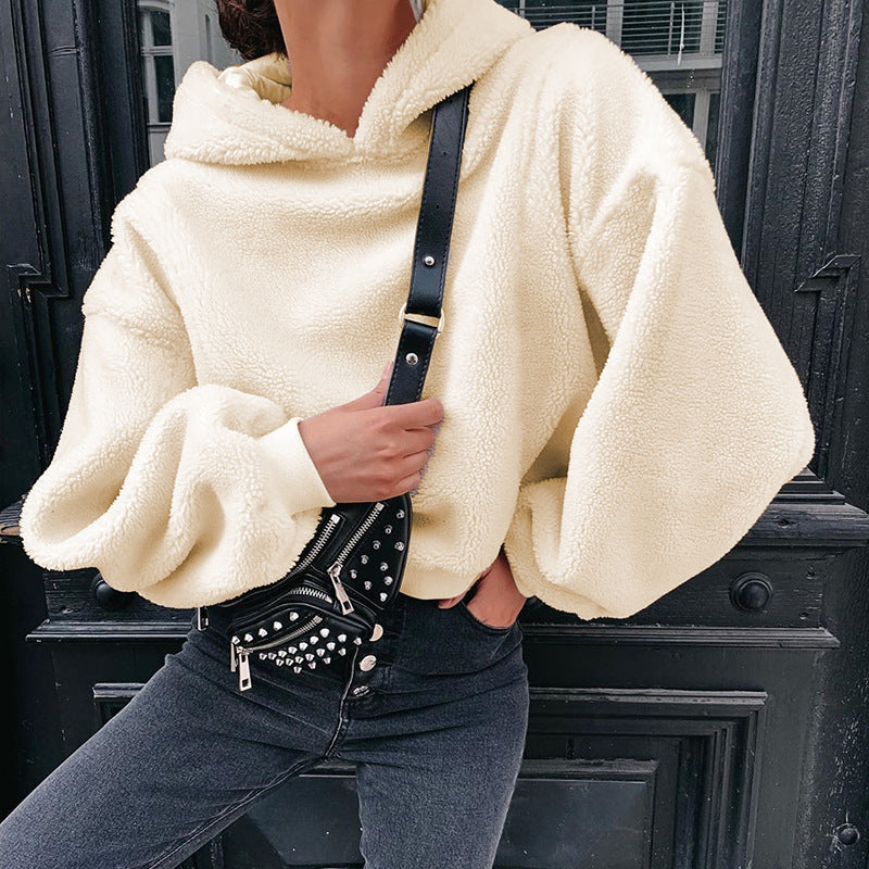 Solid color fur hooded loose coat