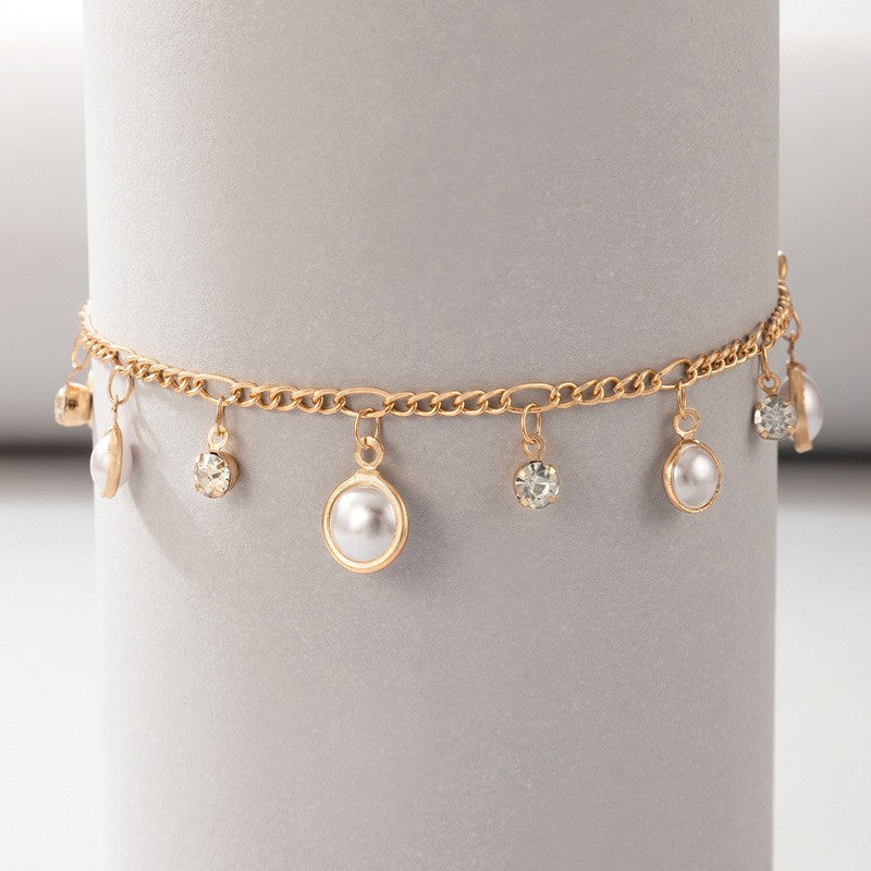 Shiny Zircon Tassel Pearl Anklet European And American Simple Beach Foot Ornaments