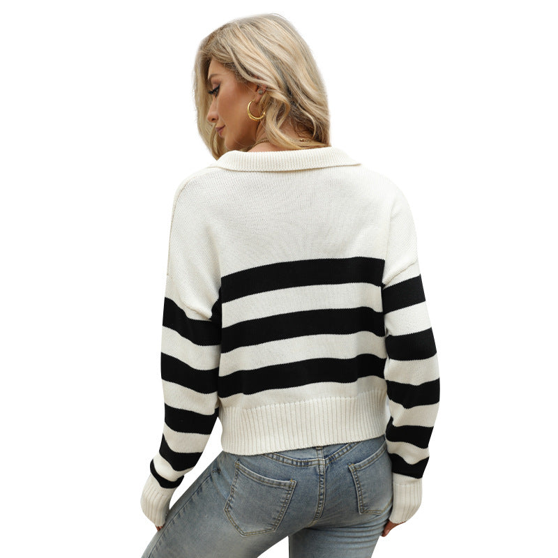 Cotton Knitted Top Women Loose Striped Contrast Color Pullover
